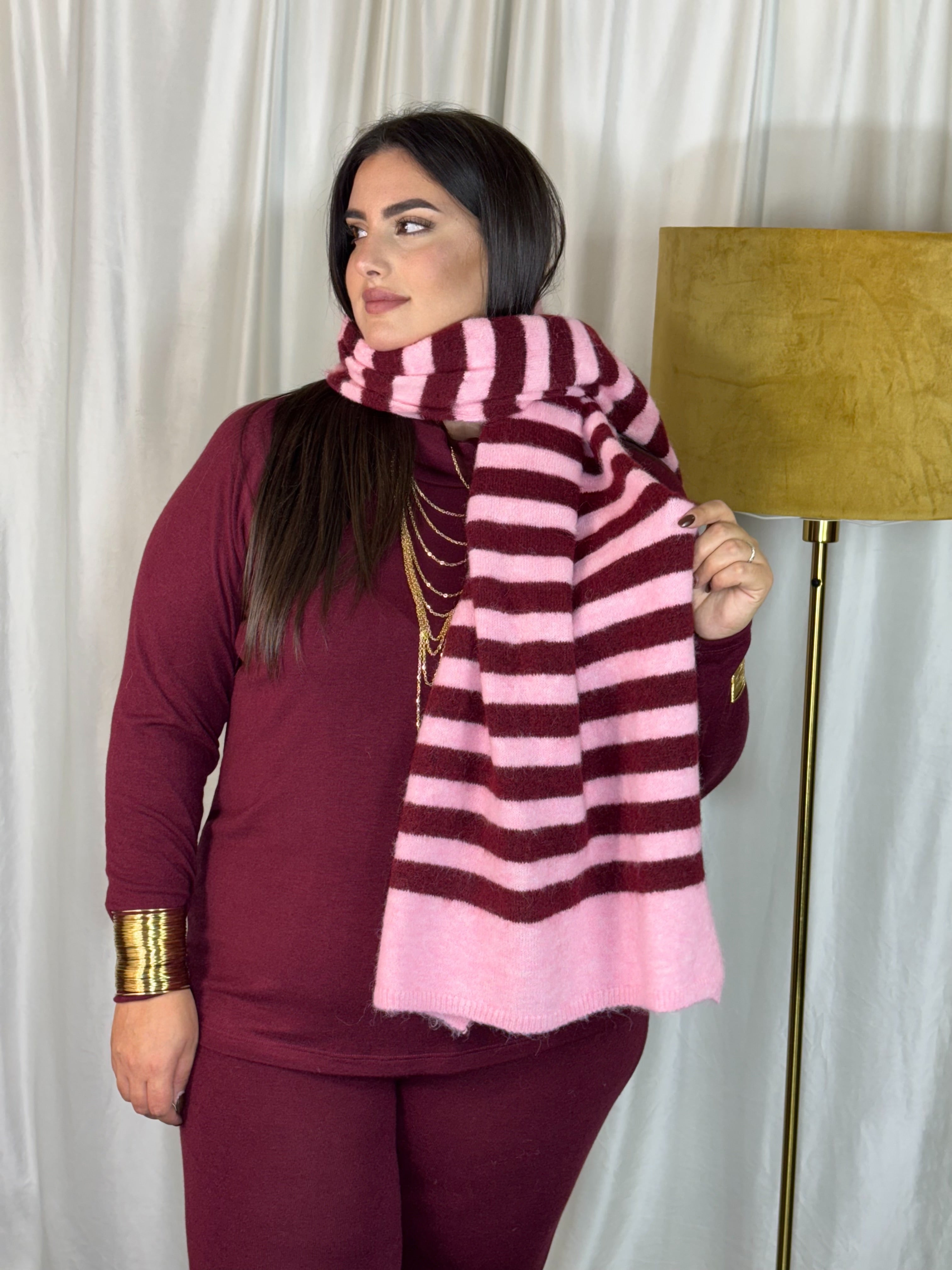 Sciarpa a righe rosa/bordo