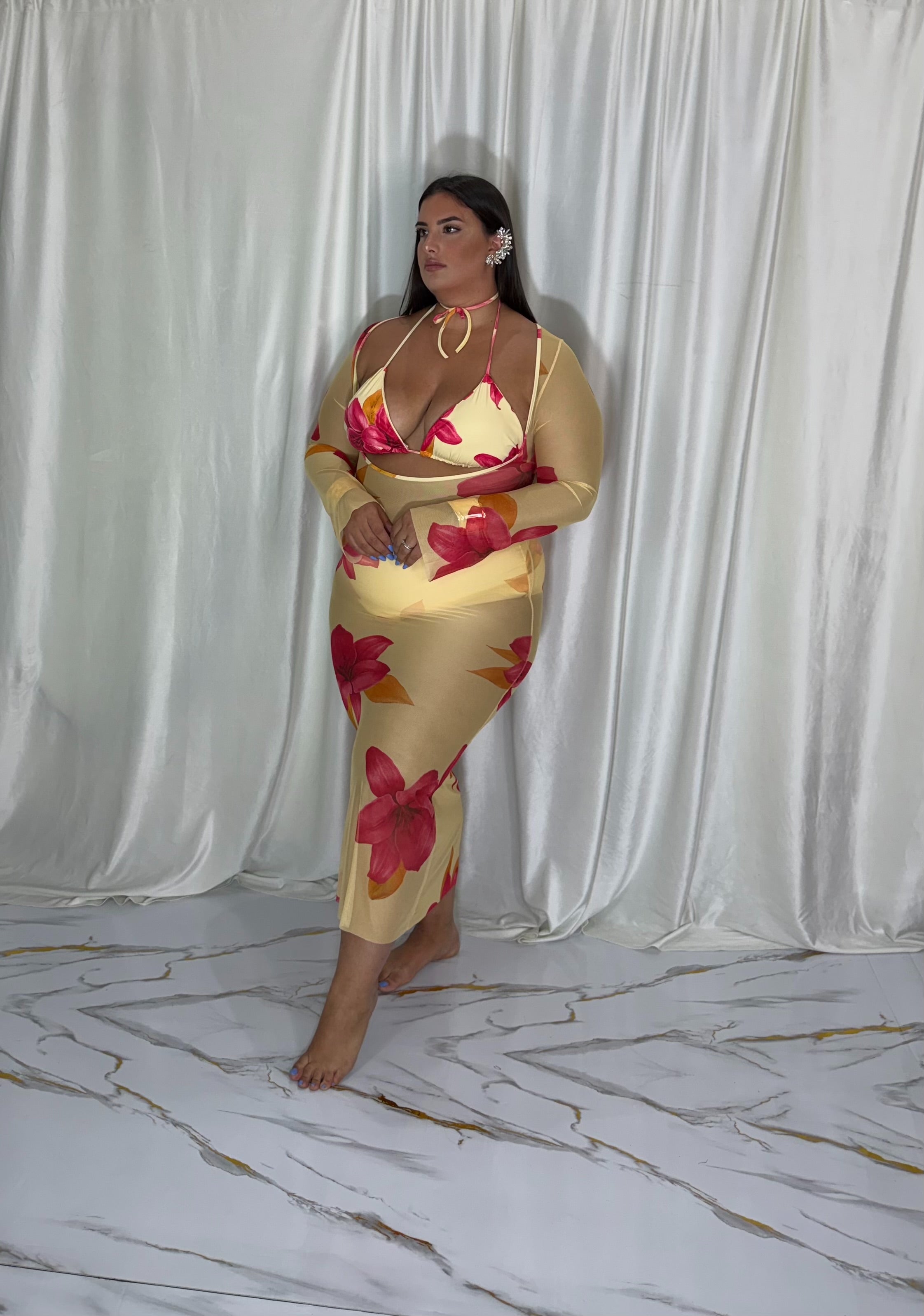 Costume+copri costume 2 pezzi flower giallo/fucsia