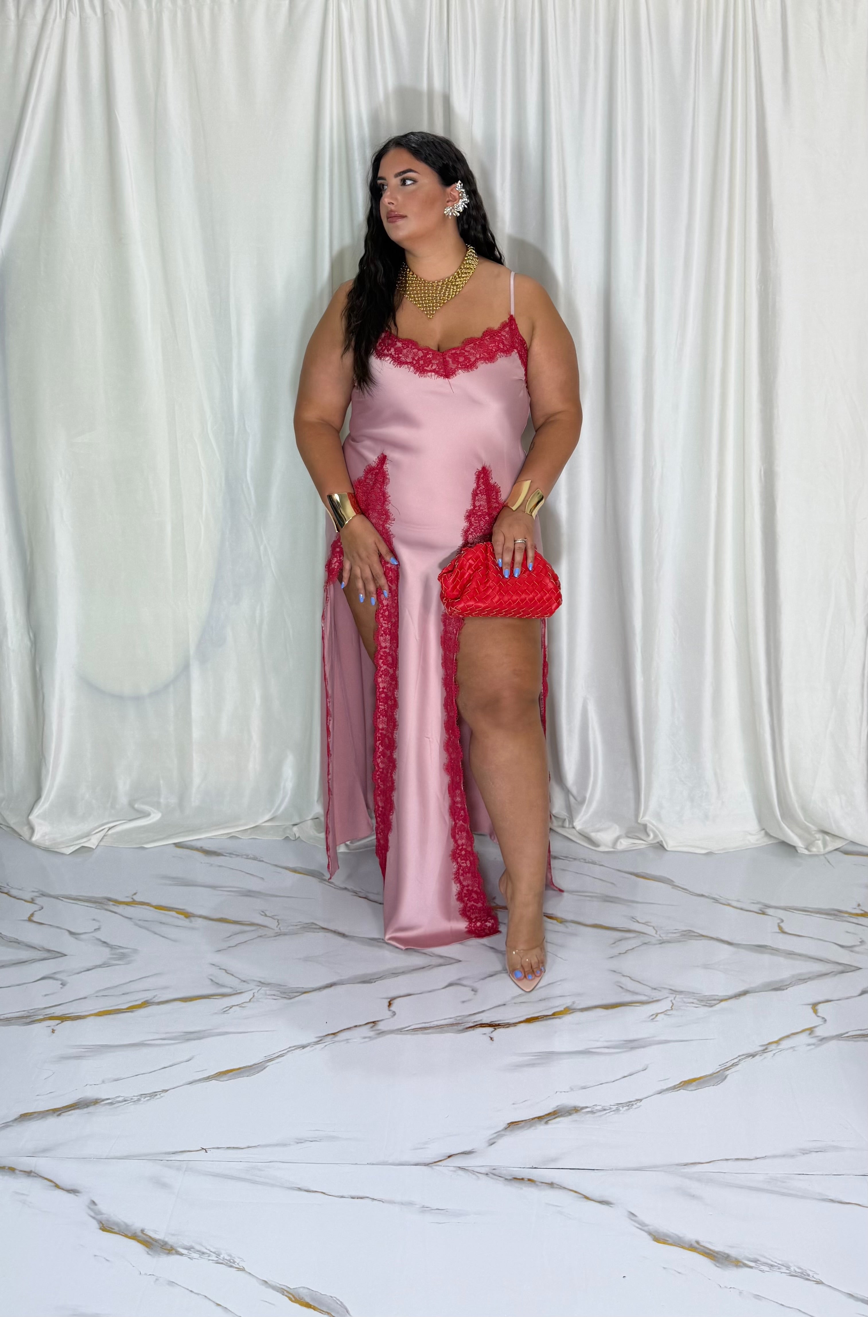 Dress in pizzo e raso rosa/rosso