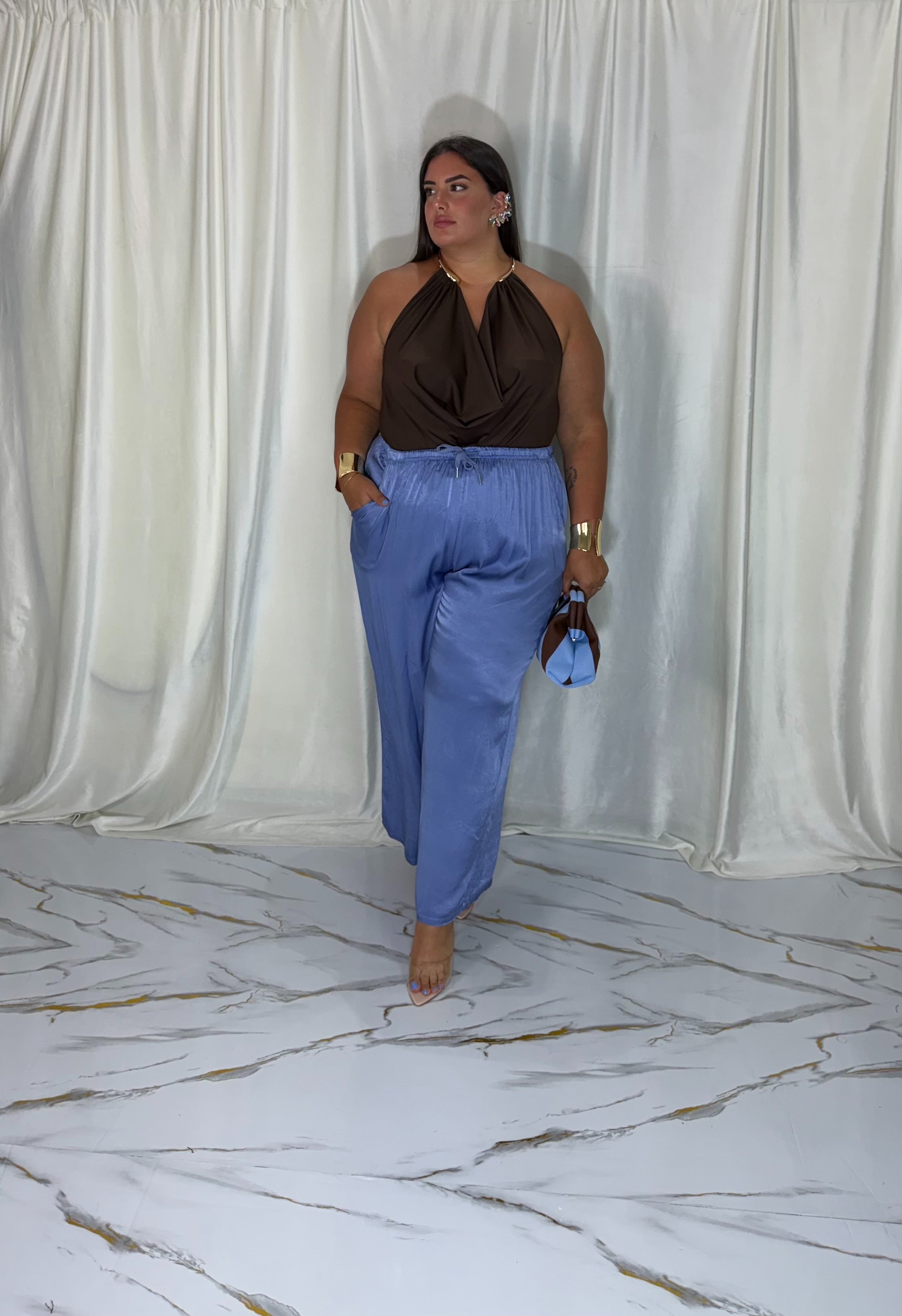 Pantalone satin celeste