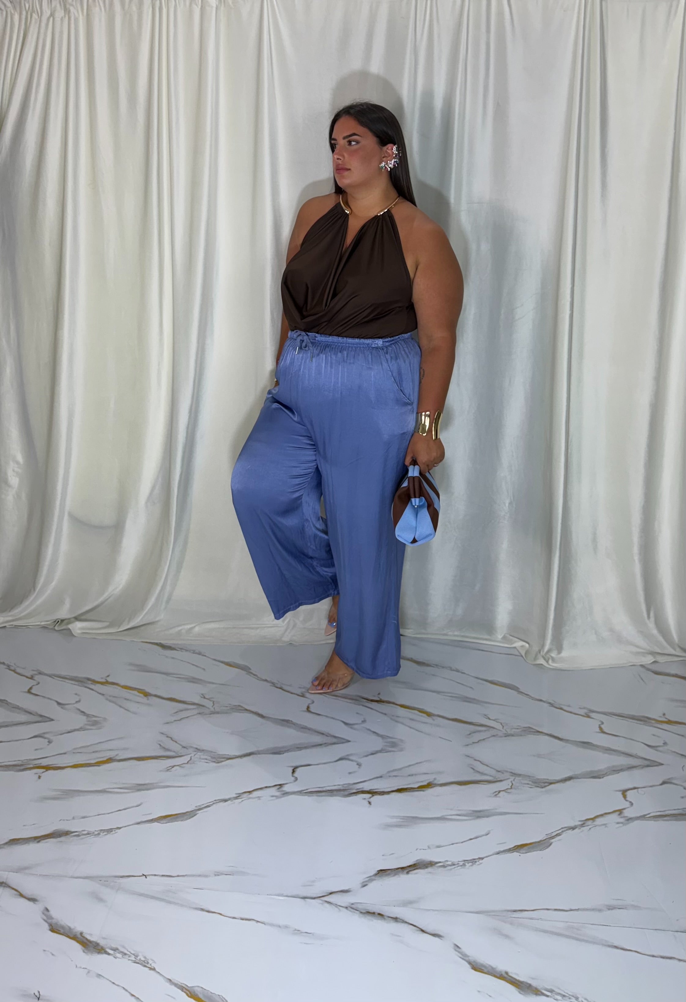 Pantalone satin celeste